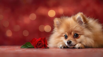 Pomeranian with a rose celebrates valentine's day sparkling
