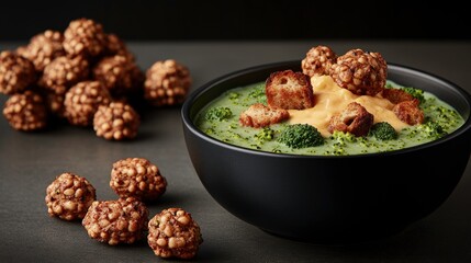 A bowl of green soup topped with cheese and croutons, with snacks nearby.