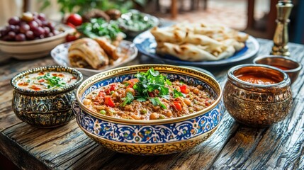 Colorful middle eastern feast with traditional dishes on rustic table. Ramadan Mubarak