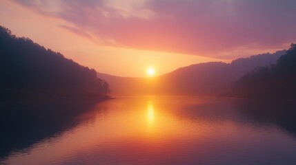 Obraz premium Serene sunset over calm lake nestled in hills.