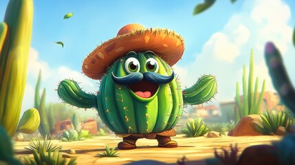 Naklejka premium Cartoon cactus with mustache and sombrero in desert scene Happy Cinco de mayo