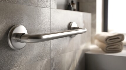Close up of Stainless steel safety Grab Bars in Bathroom