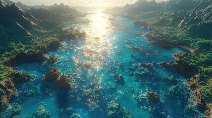 Aerial view of a vibrant ocean landscape with rocky formations and lush greenery.