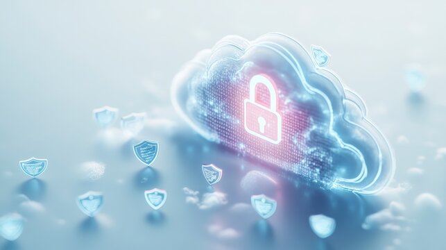 Cloud computing security concept image featuring a digital cloud with a lock icon, highlighting data protection and encryption.