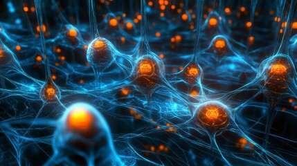 Futuristic neural network visualization with glowing connections, showcasing advanced artificial intelligence and digital innovation in technology.