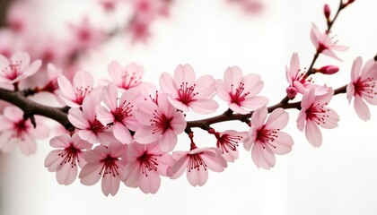 Naklejka premium Close-up view of delicate pink cherry blossoms on branch. Spring flowers in full bloom. Soft focus highlights beauty of blossom in springtime. Nature scene shows flowering branches against white