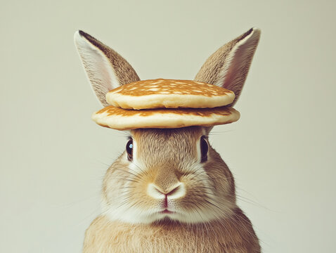 a fluffy rabbit holding pancakes on its head. a visual concept of absurd 