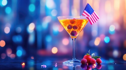 Festive cocktail with american flag and raspberries on bright bokeh background