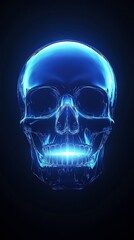 A glowing blue skull rendered in a digital style against a dark background.