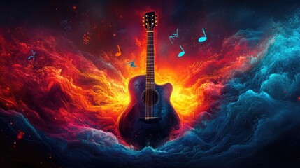 Fiery acoustic guitar surrounded by vibrant music notes and colorful waves
