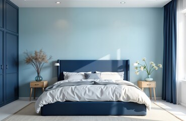 Light blue bedroom interior design. Empty wall ready for art. Navy blue bed with white bedding. Modern furniture. Pale pastel color palette. Empty space for decoration. Modern style bedroom with cozy © Maryna