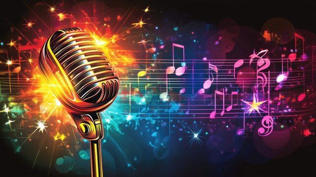 Colorful microphone with musical notes and vibrant background