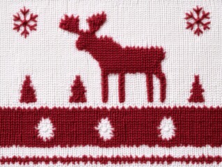 A knitted pattern featuring a moose, trees, and snowflakes in red and white.