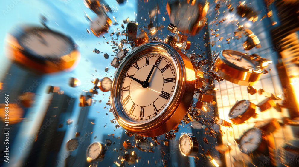 Poster futuristic cityscape with clocks exploding in time warp effect
