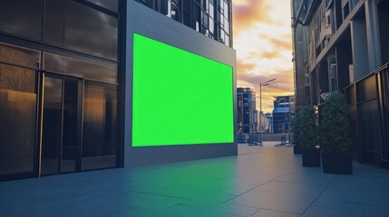 Store sign with green screen on a building in modern city