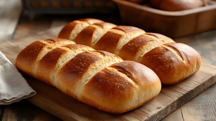 A close-up of artisan bread on a wooden counter.

