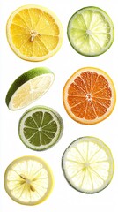 Obraz premium Slices of lemon, lime, and orange floating in mid-air, with perfect realism on a white background.