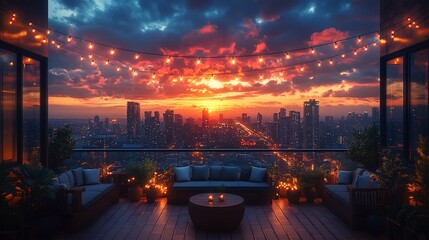 Rooftop Terrace Cityscape Sunset View Romantic Ambiance