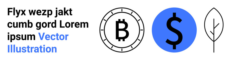 Dollar sign in blue circle, Bitcoin symbol in coin, and simple leaf design. Ideal for finance, cryptocurrency, investment, sustainability, eco-friendly topics, clean designs. Landing page