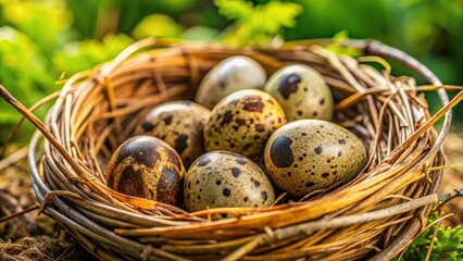 Obraz premium Quail Eggs Nesting in Nature: Isolated Close-Up Photography of Quail Eggs in a Nest, Showcasing Natural Habitat and Urban Exploration Aesthetic for Unique Wildlife Imagery