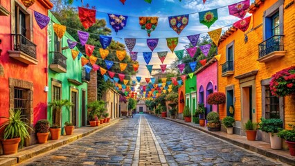 Naklejka premium Vibrant Mexican street decorated for Dia de los Muertos celebration, Mexican, street, vibrant, colorful