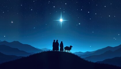 Fototapeta premium Three wise men stand on hilltop gazing at bright Christmas star in clear blue night sky above mountain range. Silhouettes suggest journey of faith, pilgrimage to find infant Jesus. Biblical scene