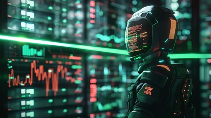 Futuristic cyborg or robot figure standing in front of a multi screen digital trading and analytics display system in a neon lit high tech environment  Concept of intelligence modern technology