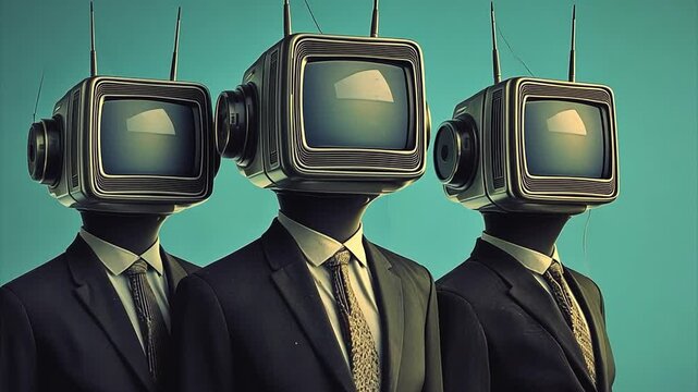 Three men in business suits with cathode ray tube television set monitors for heads in a vintage style with a cyan colored sky background. 