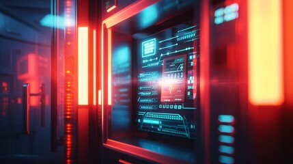 Futuristic neon lit digital technology backdrop with circuit boards data panels servers and other electronic components creating a cyberpunk inspired abstract scene