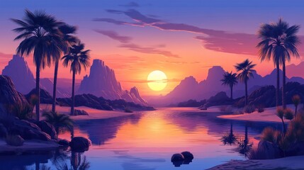 Vibrant sunset over a tranquil oasis with palm trees and mountains reflecting in calm water.