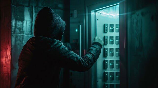 Mysterious hooded figure silhouetted in the shadows lurking suspiciously in a dark urban alleyway doorway creating a sense of tension unease and potential danger