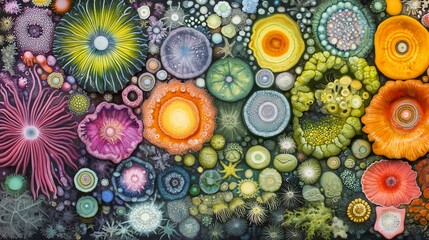 Vibrant abstract painting of colorful, organic shapes resembling flora and fauna.