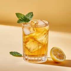 Fototapeta premium Classic iced tea in a glass. Featuring lemon wedges and mint leaves