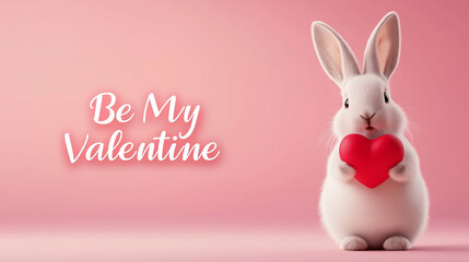 Obraz premium A cute bunny holding a red heart, set against a soft pink flat background. The design includes a handwritten message: 