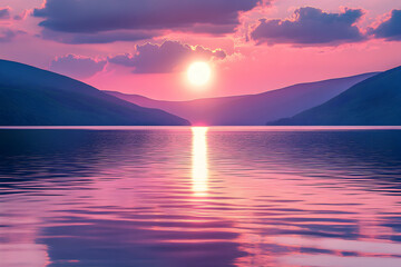 Serene sunset over calm lake nestled between majestic mountains, vibrant pink and purple hues paint the sky and water.