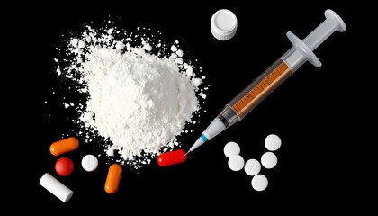 Set of different drugs - powder and pills and a syringe on a black background isolated with white highlights, png