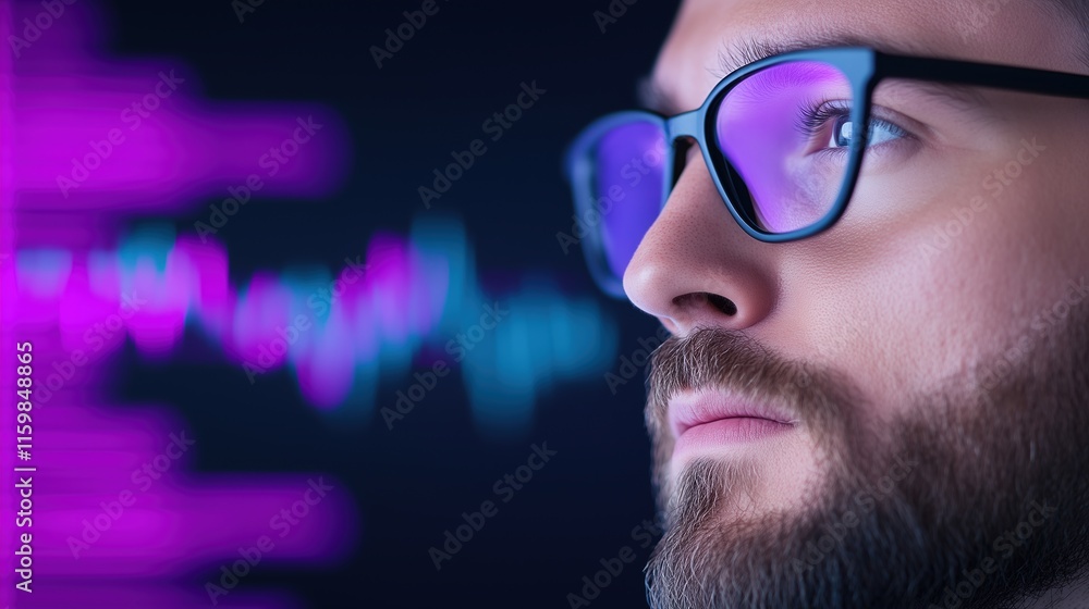 Poster financial analyst reviewing stock market data on monitors displaying graphs and trends in a modern o