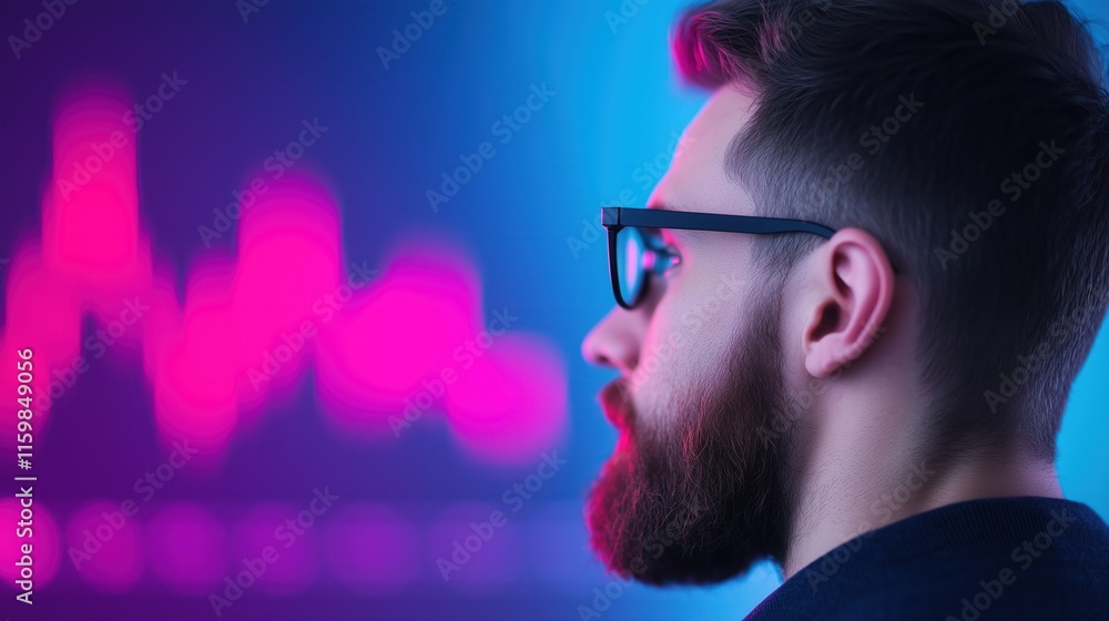 Poster analyst examining stock market data on multiple monitors in modern office environment with vibrant c