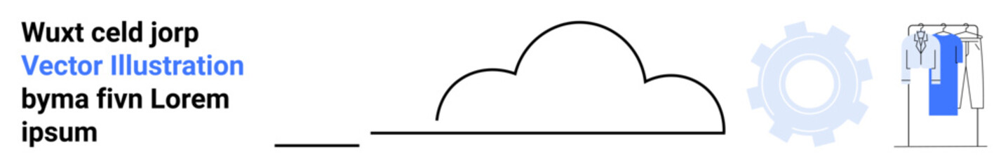 Cloud icon with text, blue gear, and person using computer. Ideal for cloud computing, IT services, digital transformation, tech support, software development, system integration business solutions