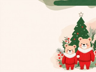 Fototapeta premium Cute illustration of two bears in red sweaters by a Christmas tree.