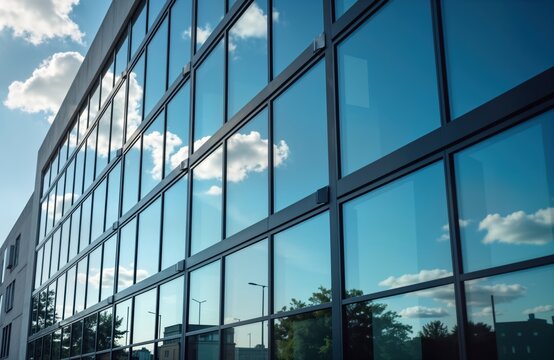 Modern building facade with large reflective windows clear blue sky reflections. Sky, clouds mirror perfectly on glass. Sophisticated design elements apparent. Energy efficiency features like solar