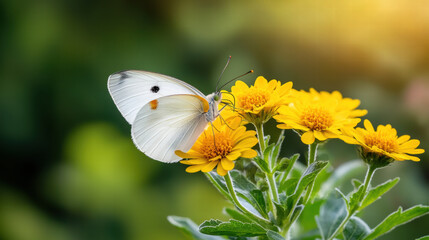 delicate butterfly resting on vibrant yellow flowers in nature beauty