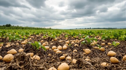 Fototapeta premium Potato harvest in lush farmland under dramatic cloudy sky