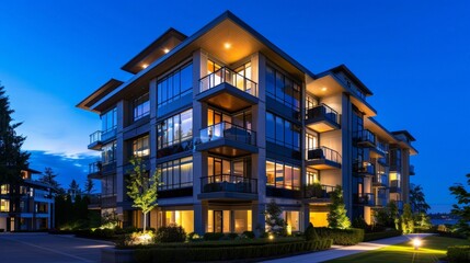 Luxury condo building at night with illuminated windows and balconies