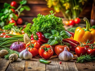 Fresh Vegetables & Herbs Bokeh Rustic Kitchen Table Photo