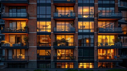 Luxury condo building at night with illuminated windows and balconies