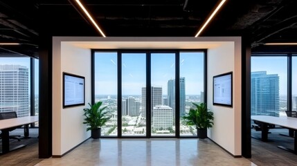 Fototapeta premium Modern office space with large windows showcasing a city skyline.