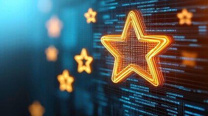 Fototapeta premium Neon stars against a digital background, symbolizing ratings or reviews.