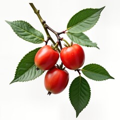Closeup view of rose hips on branch with fresh green leaves. Bright red berries ripe, ready to harvested. Natural organic fruit. Perfect for food packaging recipe book. Ideal for healthy eating