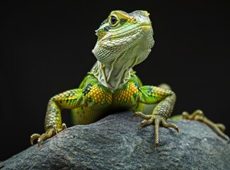 Fototapeta premium Close-up of a vibrant green and yellow lizard on a dark rock, head tilted upward.